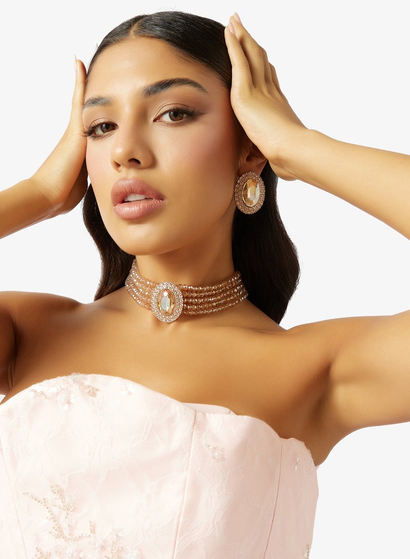 Khizana Diamonte Pearl Detail Embellished Choker Set - Image 5